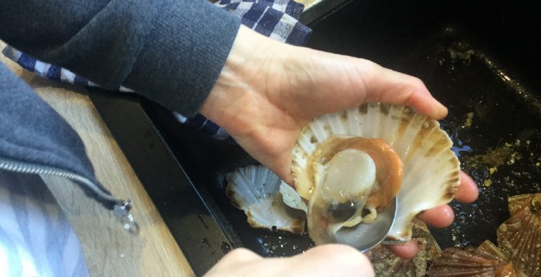 Avec une grande cuillère, racle le fond de la coquille délicatement pour décoller la noix