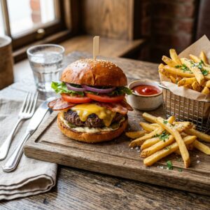 Burger américain gourmand au fromage fondant et frites dorées sur une planche en bois