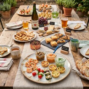 Buffet d'apéro dînatoire convivial avec petites bouchées et tartinades