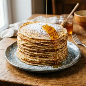 Pile de crêpes dorées et moelleuses saupoudrées de sucre pour la Chandeleur