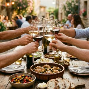 Grande tablée d'amis souriants partageant un repas convivial et généreux en extérieur