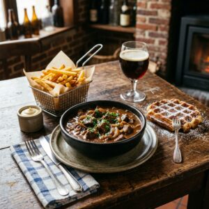 Plat traditionnel réconfortant de la cuisine du Nord et de Belgique avec frites croustillantes