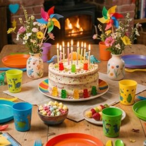 Table de fête d'anniversaire gourmande avec gâteau bougies et décoration festive