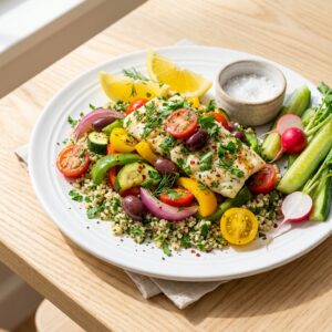 Plat frais et coloré aux ingrédients croquants servi sur une table claire d'été