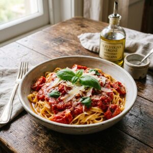 Table rustique avec un plat de pâtes italiennes fraîches au basilic et tomates séchées