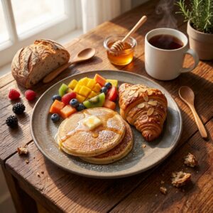 Assiette gourmande de petit-déjeuner avec pain frais, fruits et boisson chaude