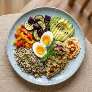 Assiette équilibrée et colorée combinant légumes, protéines et féculents sains
